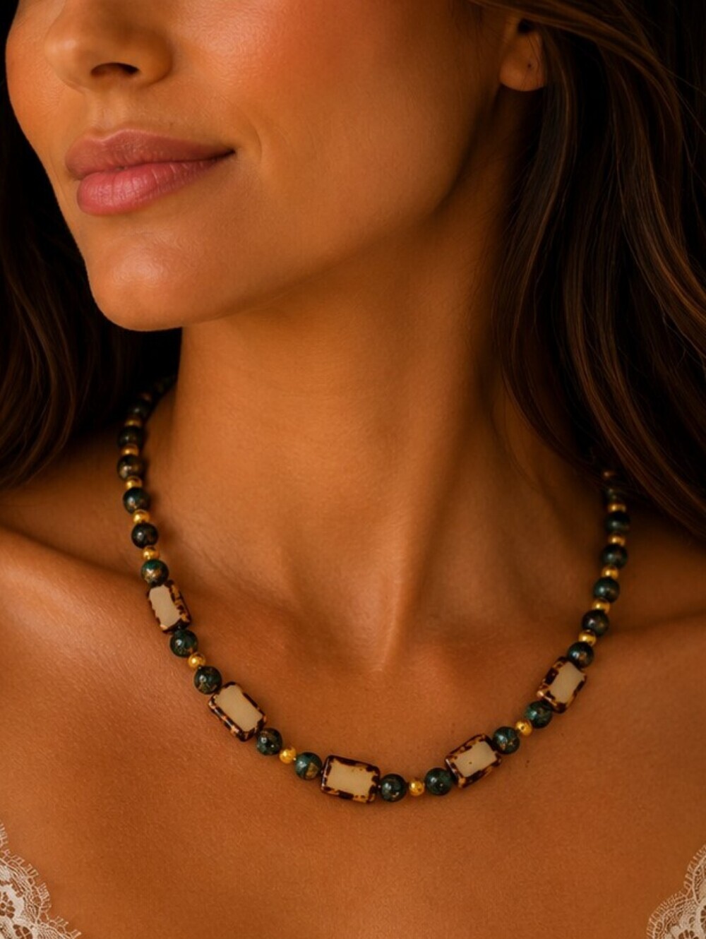 HANDMADE Chrysocolla Czech Glass Picasso Table Cut Beaded Collar Necklace